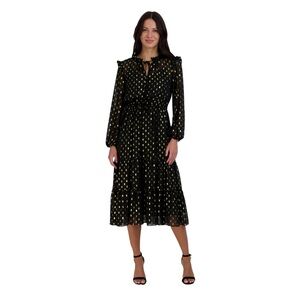 Julia Jordan Long Sleeve Ruffle Drawstring Midi Dress in Black & Gold Size 14